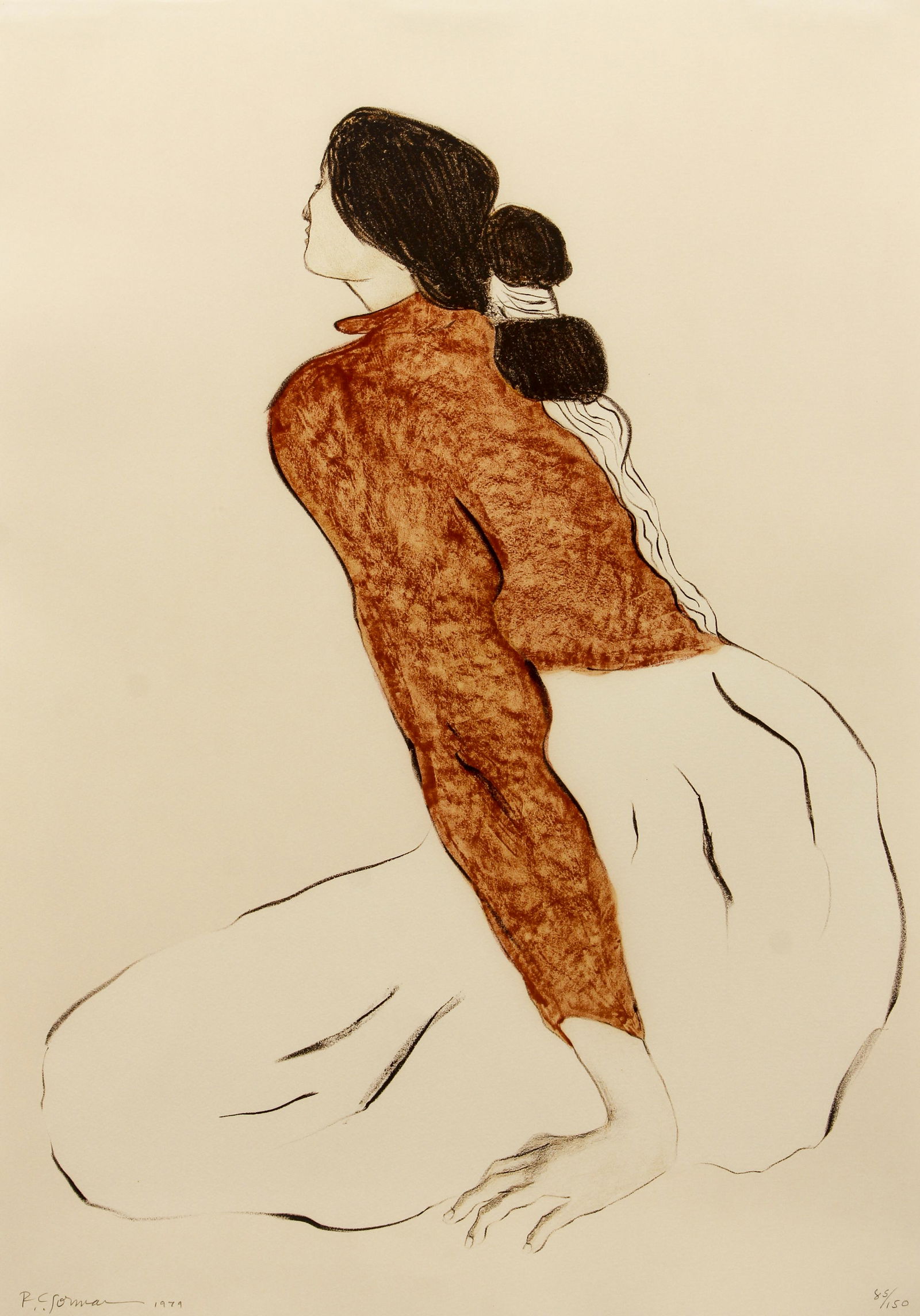 R. C. Gorman Mourlot Signed Lithograph 1979: Gorman, R. C. (Native American, 1931-2005), Mourlot, 1979, lithograph on paper, signed, dated and numbered 85/150 in pencil at the bottom, full sheet 29.5 x 20.75 inches, floated in a frame 38 x 29 in