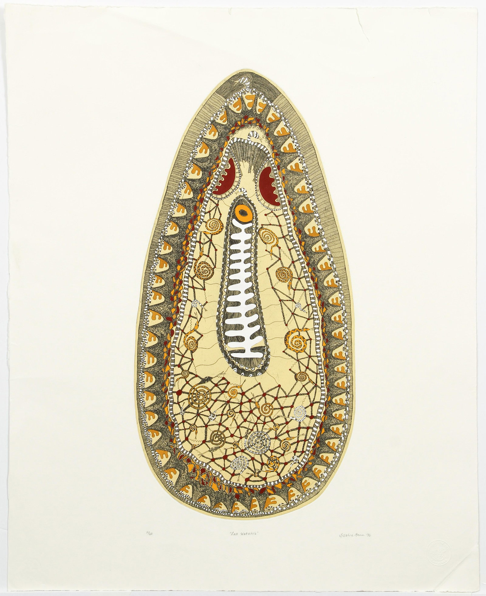 Treahna Hamm Signed Color Etching Last Waterhole 1996: Hamm, Treahna (Australian / Aboriginal, Yorta Yorta people, contemporary), Last Waterhole, 1996, colored etching on paper, signed, dated, titled and numbered 11/50 in pencil at bottom, Studio One Inc 