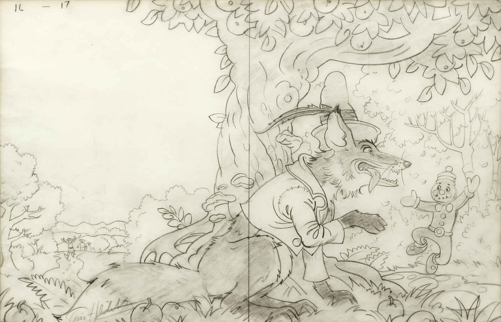 Tim Hildebrandt illustration drawing Gingerbread Boy: Hildebrandt, Tim (American, Illustrator 1939-2006), Gingerbread Boy Drawing, 1989, pencil drawing, 11.25 x 17.25 inches, signed Tim Hildebrandt lower left and inscribed 16-17 top left, framed measurin