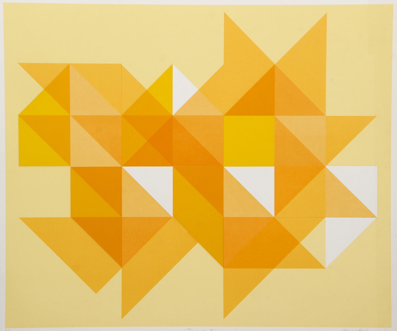 Arnold Hoffman Jr Triangle Y 1970s Silkscreen Signed: Hoffman Jr., Arnold (American (1915 - 1991), Triangle Y, circa 1970's, original color geometric silkscreen print on paper, pencil signed, titled, and numbered 3/50 on bottom, image measures 25.25 x 30