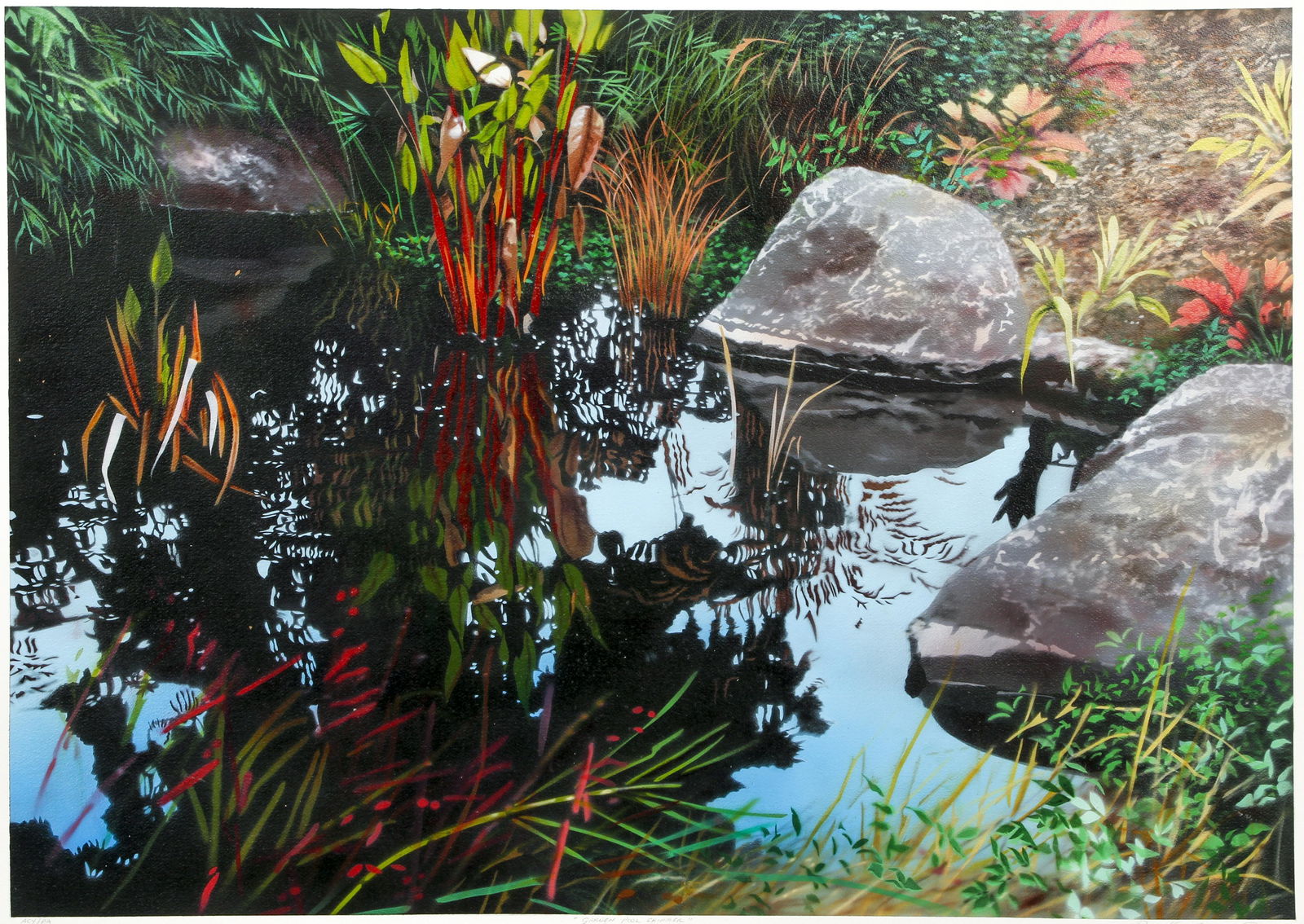 2 David Kessler signed Serigraphs Upper Falls Garden: Kessler, David (American, born 1950), Pair of prints: Upper Falls and Pool Garden Shimmer, circa 1980's, serigraphs printed in colors, signed, titled and numbered Artists Proof 4/10 and ACY/PA in penc
