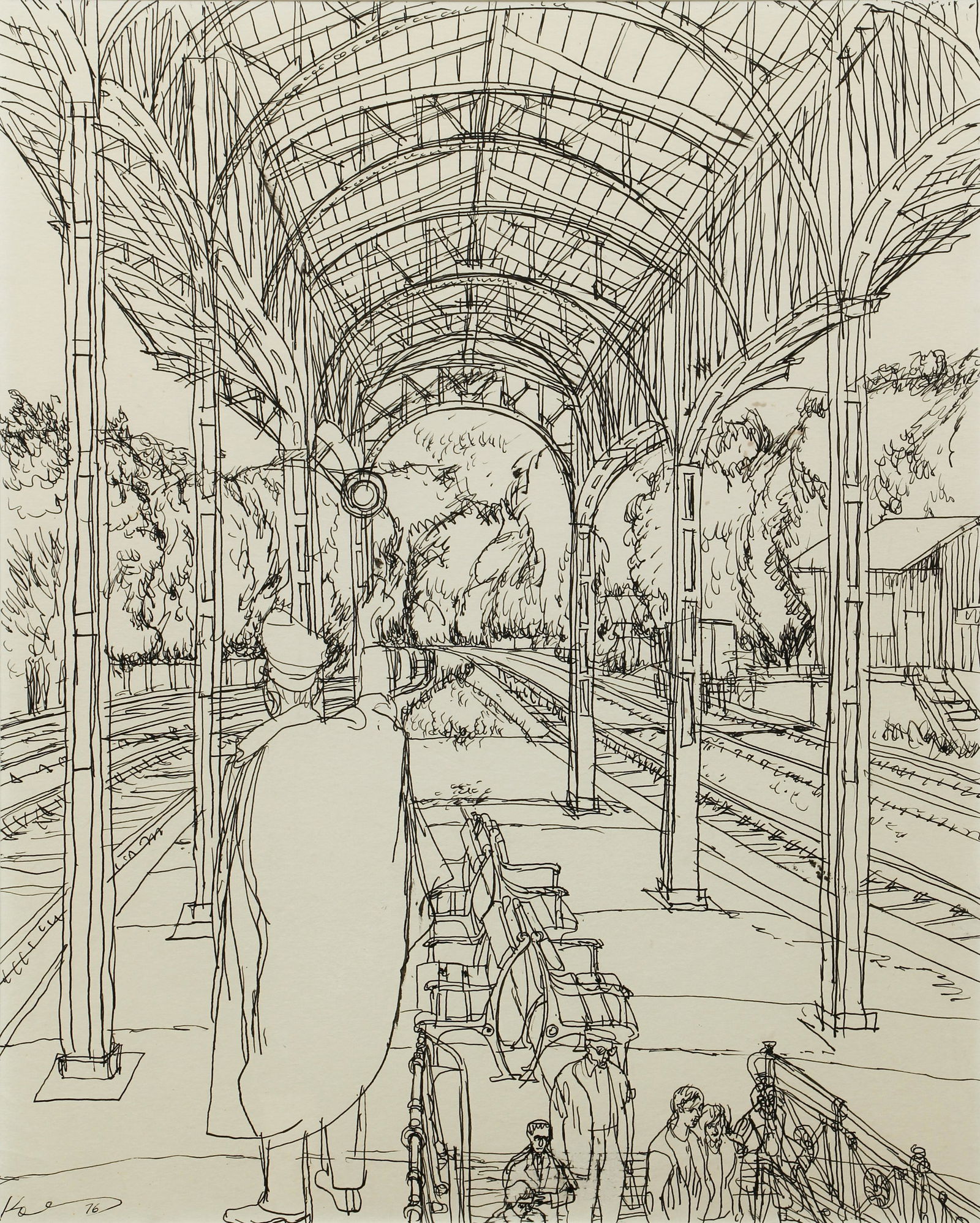 Henry Koerner The Station Pen and Ink 1976: Koerner, Henry (Austrian/American/Pittsburgh, 1915-1991), The Station, 1976, original pen and ink drawing on cream paper, signed and dated lower left, 21 x 16.5 inches, matted and framed 26.75 x 22.5