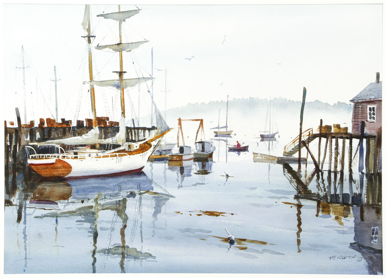 Frederick Kubitz Watercolor on Paper Boats at the Dock: Kubitz, Frederick (American/ New England, contemporary), Boats at the Dock, c. late 20th century, watercolor on handmade paper, signed lower right, full sheet 22.75 x 30 inches, currently partially hi