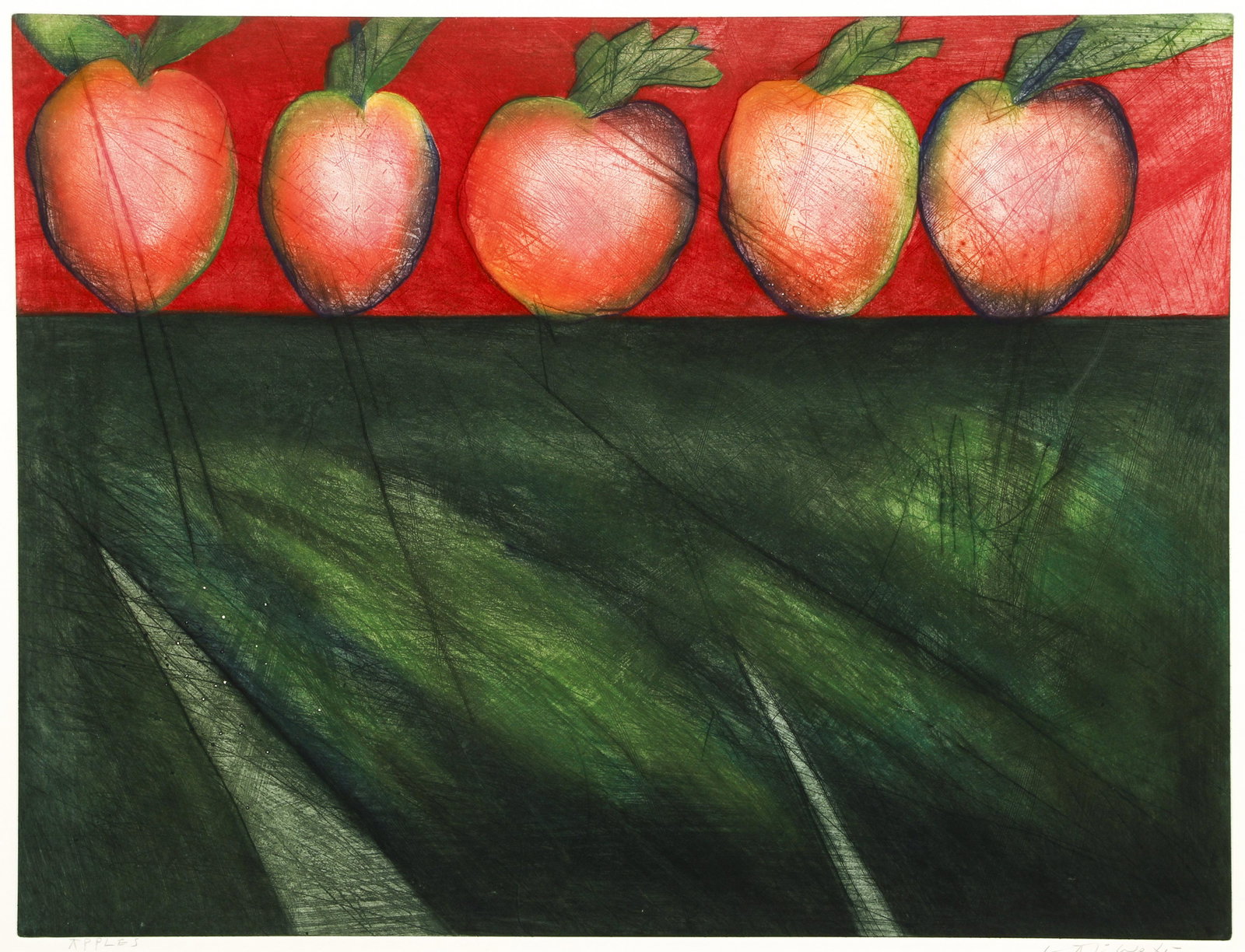 Norman Laliberte Apples Intaglio Print Signed: Laliberte, Norman (Canadian, contemporary), Apples, undated, intaglio and aquatint, signed and titled in pencil at bottom, image 23.5 x 30.5 inches, full sheet 31 x 40.5 inches, unframed.