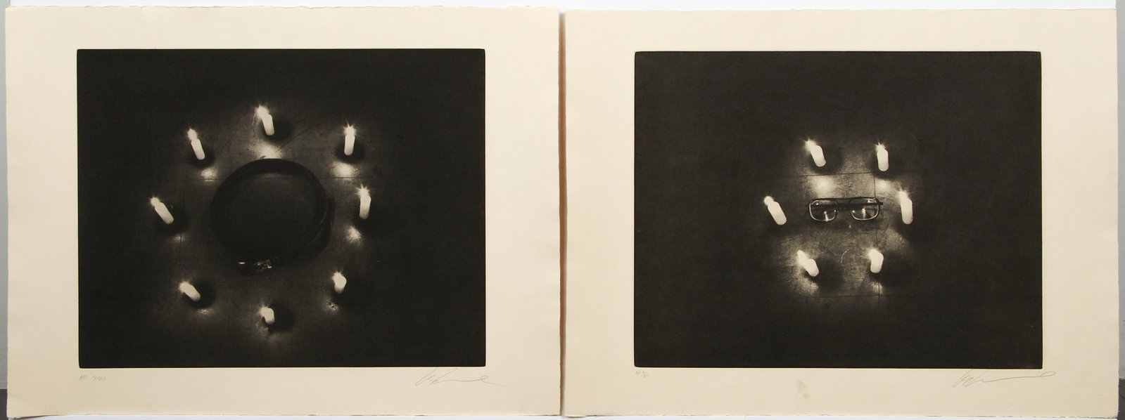 Les Levine Pair Etchings Candlelight Series Glasses and: Levine, Les (Irish, b.1935), Pair of prints from the Candlelight Series: Belt and Glasses, 1979, photo-etchings on paper, signed and numbered AP 7/20 and AP 6/20 in pencil at bottom, Glasses is dated 