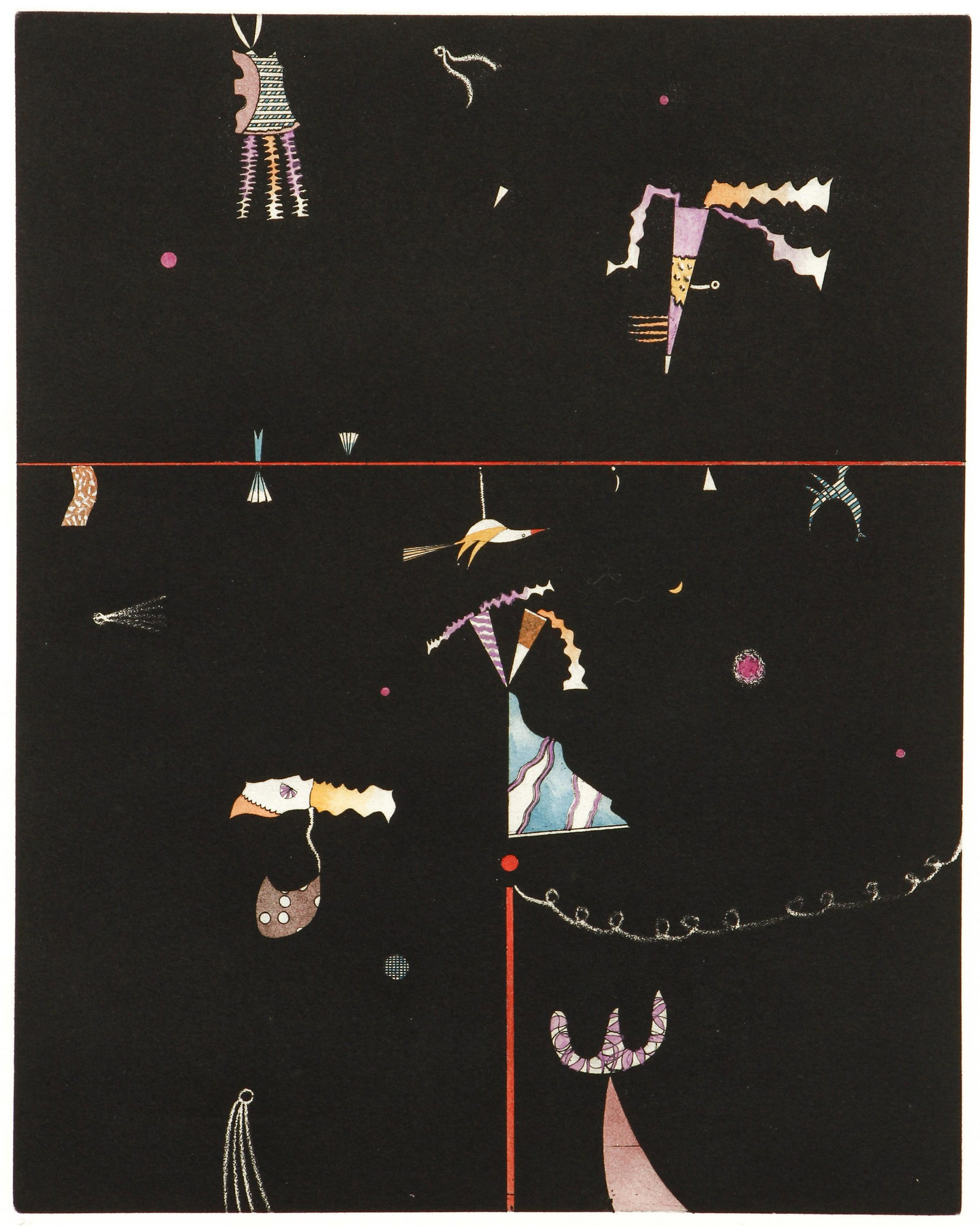 Mary Malenoir Color Serigraph Signed: Malenoir, Mary (American, contemporary), Come Out You Baubles and Jewels of Night I, undated, serigraph on paper, signed and numbered 7/75 in pencil at bottom, additionally signed and titled on revers