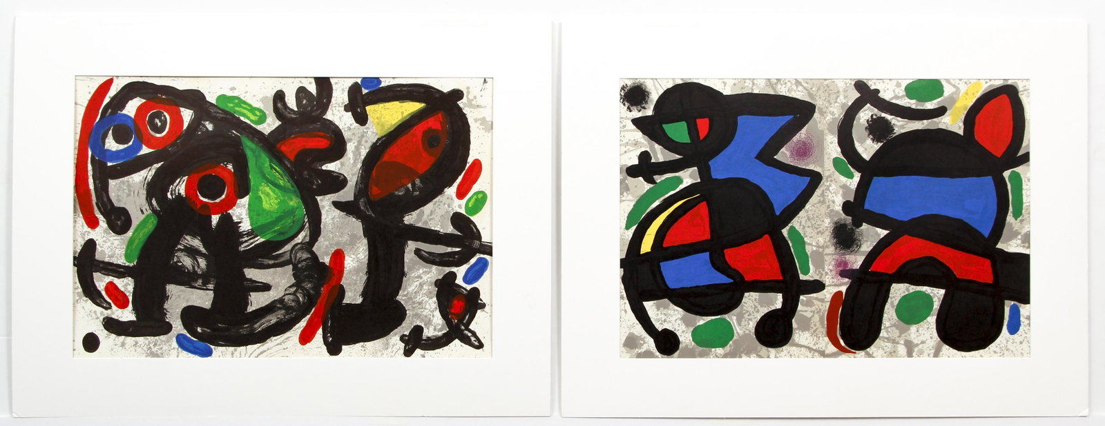 Pair of Double Page Miro Color Lithos by Maeght: Miro, Joan (Spanish, 1893-1983), Pair of Abstract prints, c.1960s, color lithos on paper, unsigned, printed by Maeght and originally issued in books, with text on reverse, 15 x 22 inches, both matted 