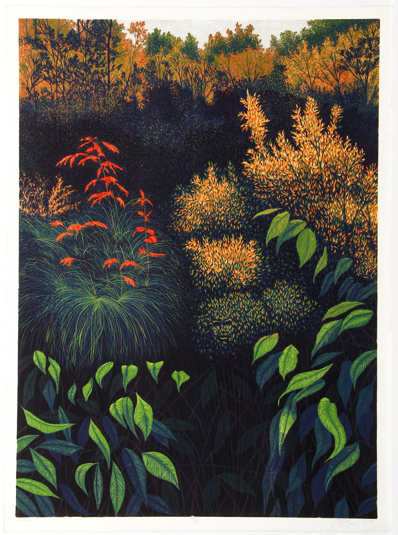 Gordon Mortensen Natick Reduction Color Woodcut Signed: Mortensen, Gordon Louis (American, born 1938), Natick, 1990, reduction color woodcut on wove paper, pencil signed, dated, titled and numbered 56/130, full sheet 42 x 31 inches. Another stunning print 