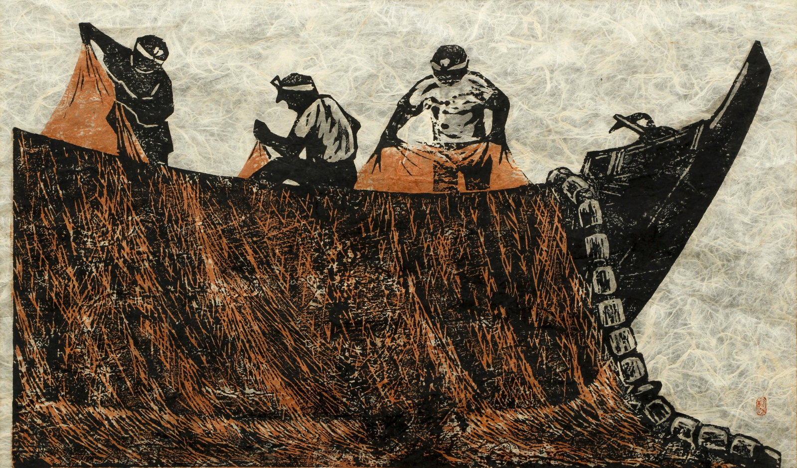 Gyojin Murakami Japanese Woodblock Fisherman 1963: Murakami, Gyojin (Japanese, 1911-1988), Three Fisherman, color woodblock on handmade paper, 1963, signed titled, dated and numbered 11/50 in pencil at bottom, impression 12.5 x 22 inches, matted and f
