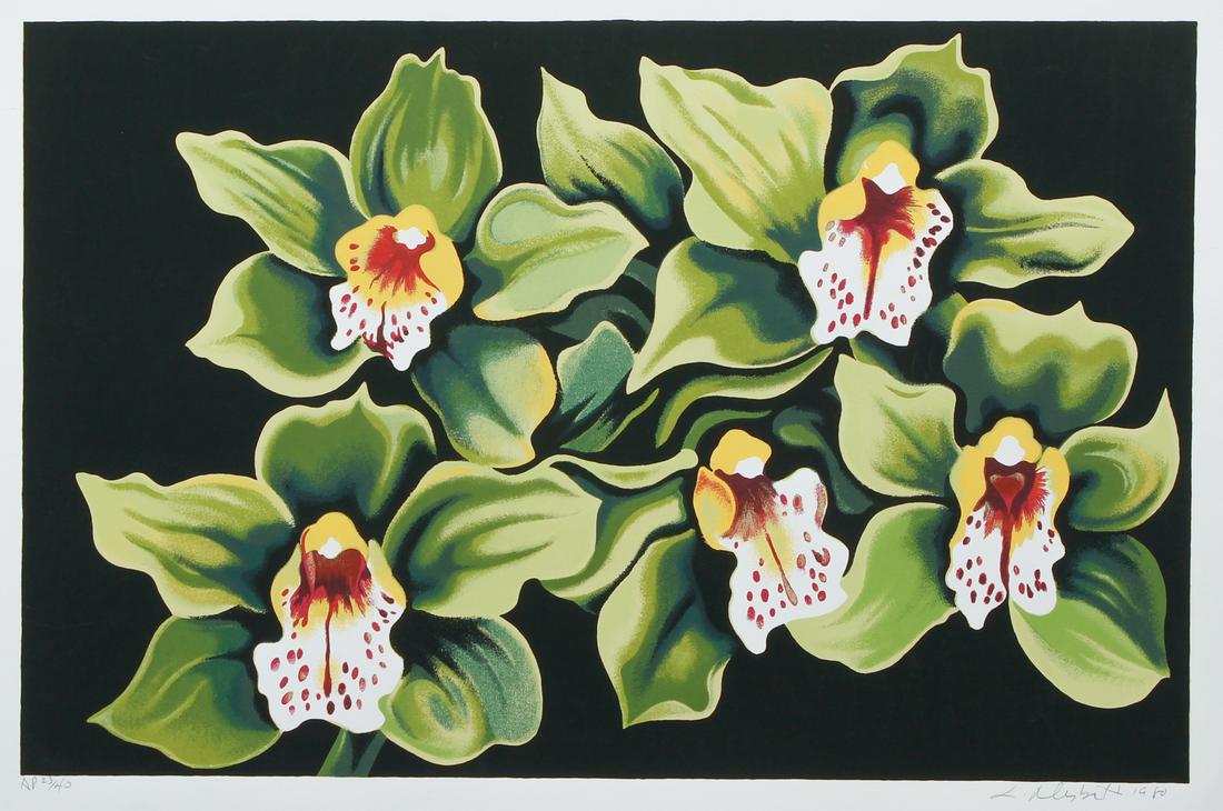 Lowell Nesbitt 1980 Green and White Irises signed: Nesbitt, Lowell (American, 1933-1993), Green and White Irises, 1980, serigraph printed in colors, 20.75 x 32 inches, signed , dated, and numbered A.P. 23/40 , unframed