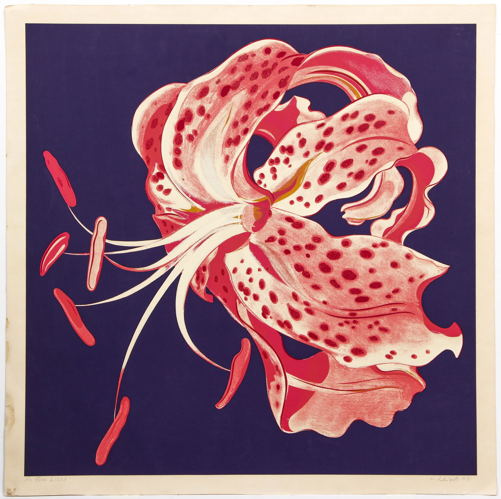 Lowell Nesbitt Untitled Spotted Lily 1971 Serigraph: Nesbitt, Lowell (American, 1933-1993), Untitled (Spotted Lily), 1971, original serigraph printed in color, pencil signed and dated lower right, labeled 'For Gene Licht' lower left, impression 29.25 x
