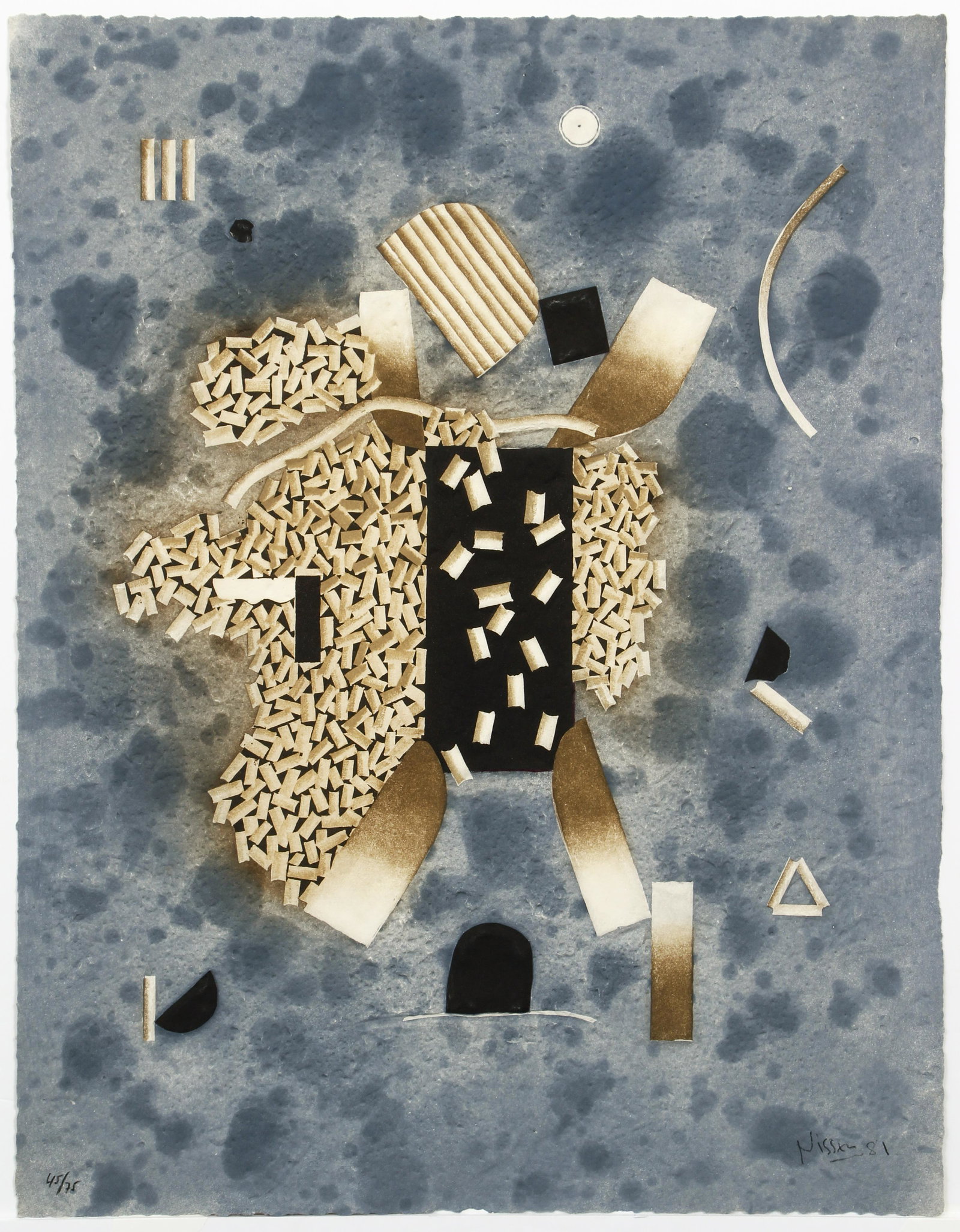 Brian Nissen Untitled Blue Abstract 1981 Lithograph: Nissen, Brian (English, b.1939), Untitled Abstraction (Blue), 1981, lithograph printed in color on textured paper, pencil signed, dated, and numbered 45/75, full sheet 27.25 x 21.5 inches, unframed.