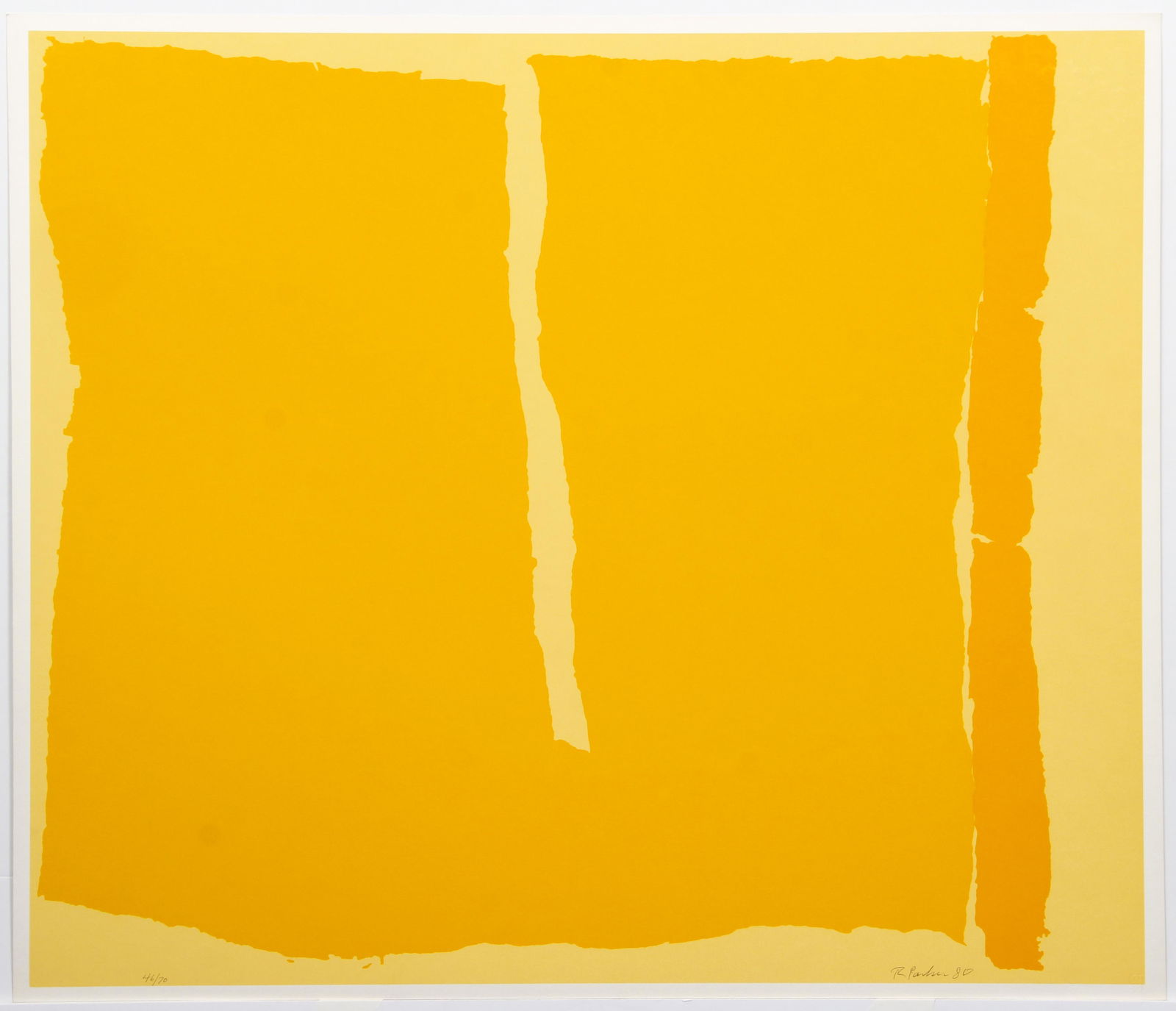 Ray Parker Philips Yellow 1980 Silkscreen Signed: Parker, Ray (American, 1922 - 1990), Philips Yellow, 1980, original color silkscreen print on paper, pencil signed, dated, and numbered 46/70, on bottom, published by Grippi Gallery NYC with their bli