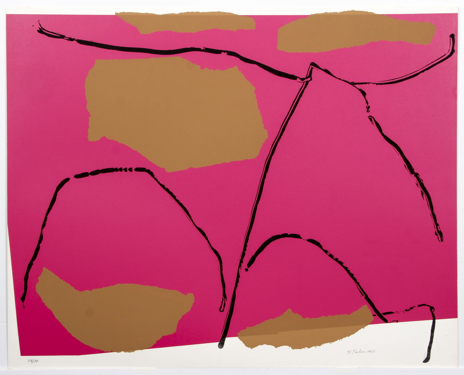 Ray Parker Untitled Pink and Gold Abstract 1970s: Parker, Ray (American, 1922 - 1990), Untitled Color Field Abstract, 1980, original color silkscreen print on paper, pencil signed, dated and numbered 28/70 at bottom, published by Grippi Gallery NYC w
