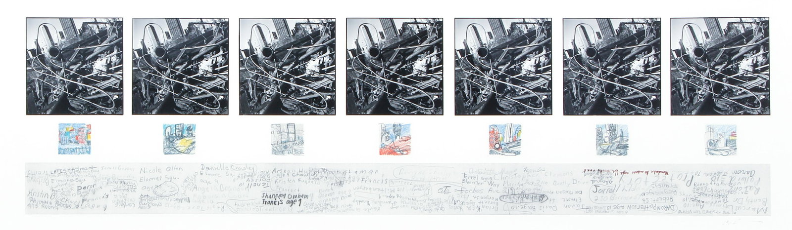 Carlos Peterson Photography Children's Drawing Montage: Peterson, Carlos F. (American/Pittsburgh, contemporary), Descendants Kinetic Sketchbook montage, 1990, framed montage including 9 repeated black and white industrial photographs of Pittsburgh and 7 ch