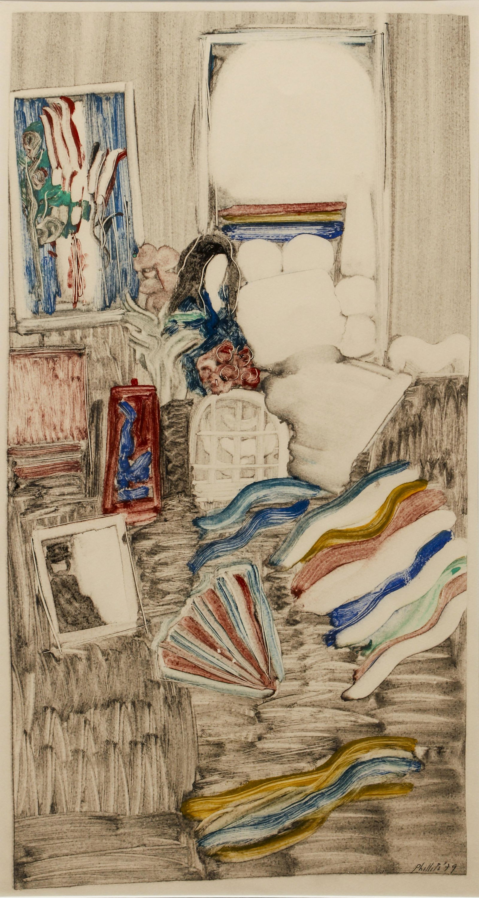 Matt Phillips 1979 color monoprint Room Interior with: Phillips, Matt (American, 1927-2017), Room Interior with Figure, 1979, color monotype, 28 x 14.5 inches, signed and dated lower right, Provenance: Michael Berger Gallery, Pittsburgh, Pa., framed measu