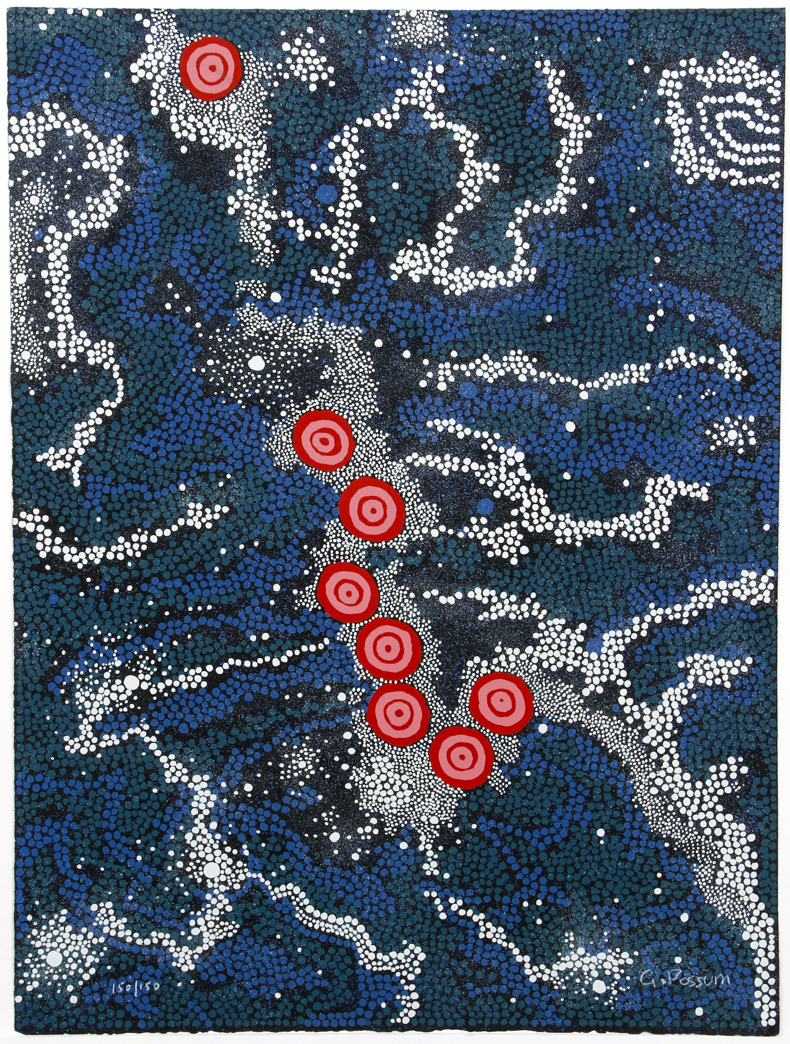 Gabriella Possum Nungurrayi Signed Dot Print Aboriginal: Possum Nungurrayi, Gabriella (Australian/Aboriginal, Anmatyerre people, contemporary), Untitled Abstract Dot Print, undated, color print, signed and numbered 150/150 at bottom, blindstamp of the Abori