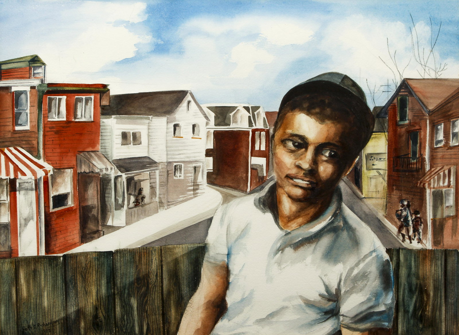 Ruth G. Richardson 1982 wc Between Two Worlds: Richardson, Ruth G. (African American/Pittsburgh 1926-2019), Between Two Worlds, 1982, watercolor, 21 x 28.75 inches, signed and dated lower right, Provenance: acquired from the artist, Ruth was a lon