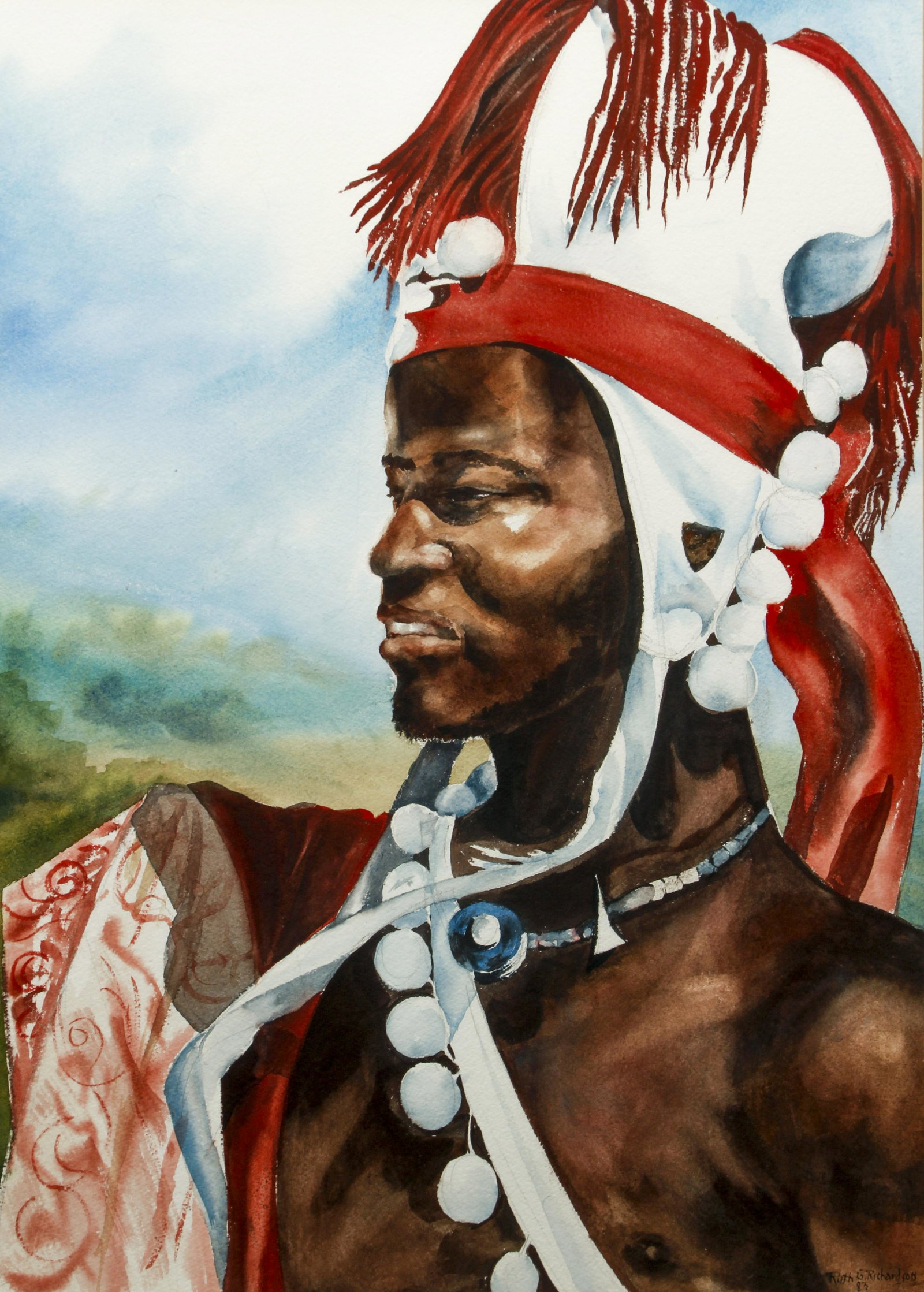 Ruth G. Richardson 1983 watercolor The Warrior: Richardson, Ruth G. (African American/Pittsburgh 1926-2019), The Warrior, 1983, watercolor, 28.5 x 20.5 inches, signed and dated lower right, Provenance: acquired from the artist, Ruth was a long time