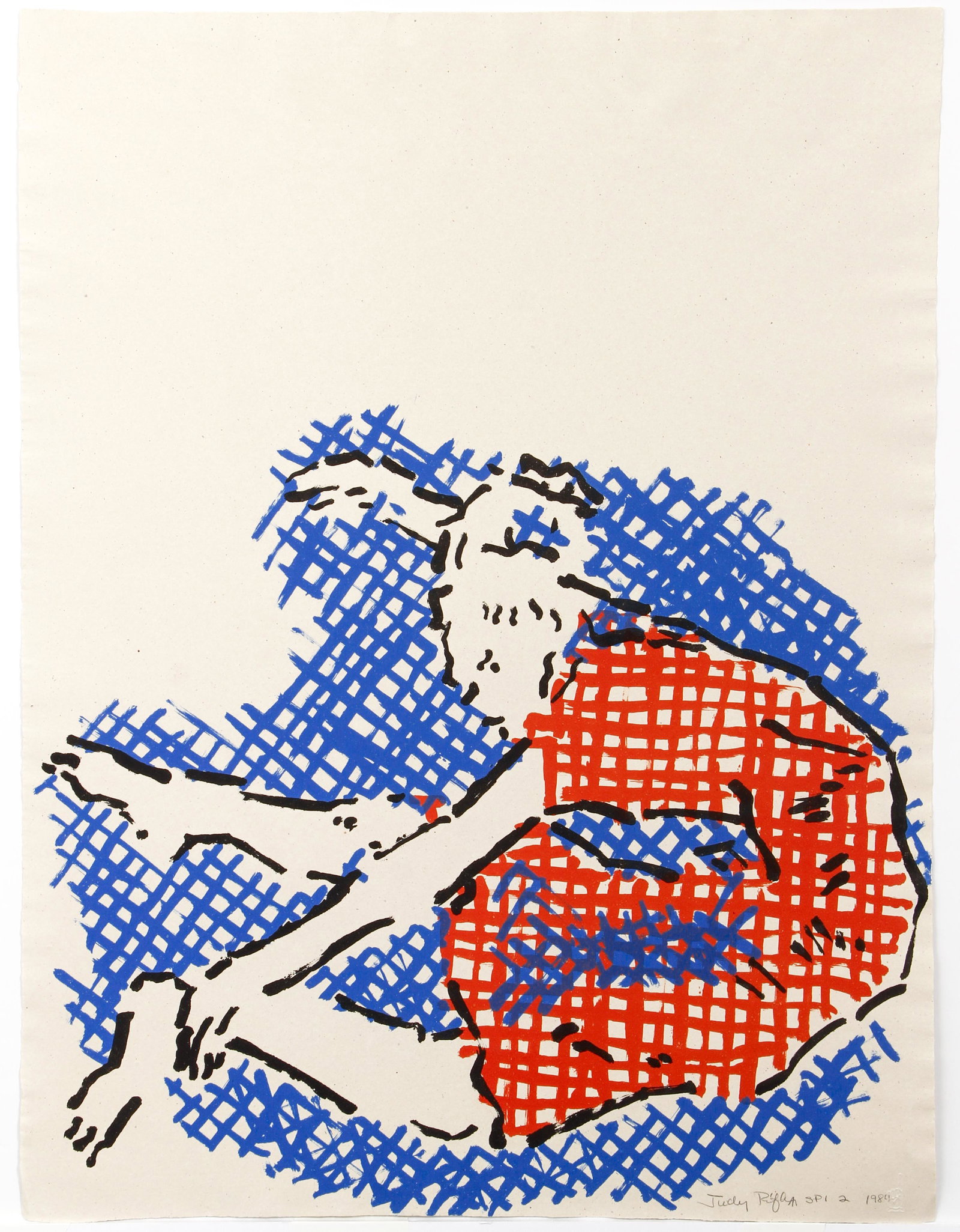 Judy Rifka 1984 Stretching Dancer Litho Signed: Rifka, Judy (American, b.1945), Stretching Dancer in Red and Blue, 1984, color litho on handmade paper, signed, dated and marked SP1 2 in pencil lower right, full sheet 28.5 x 21.75 inches, unframed
