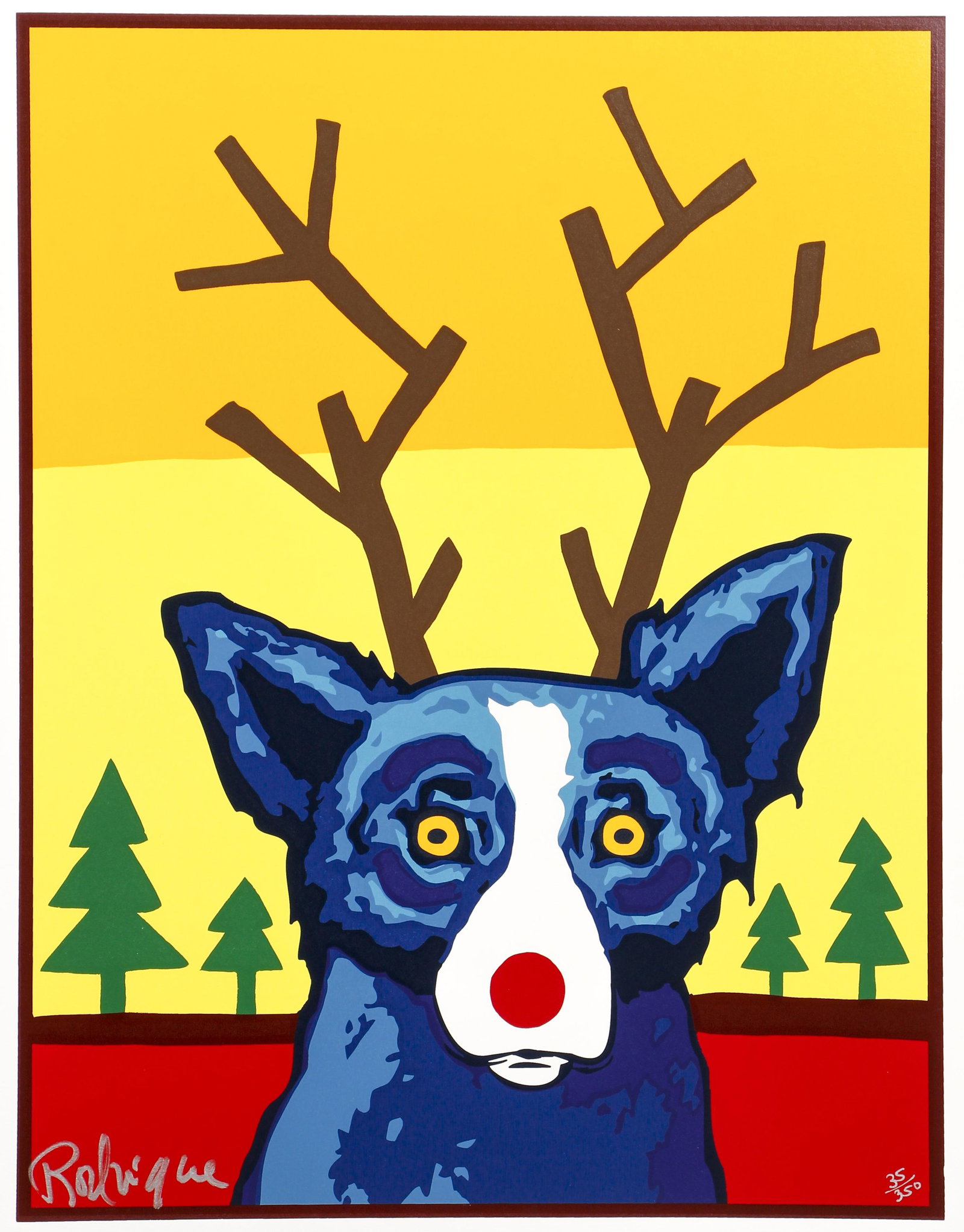 George Rodrigue Truly Rudy Blue Dog Signed Screenprint: Rodrigue, George (American, 1944-2013), Truly Rudy from the Blue Dog series, undated, color screenprint, signed and numbered 35/350 at bottom, full sheet 22.25 x 17.5 inches, unframed.