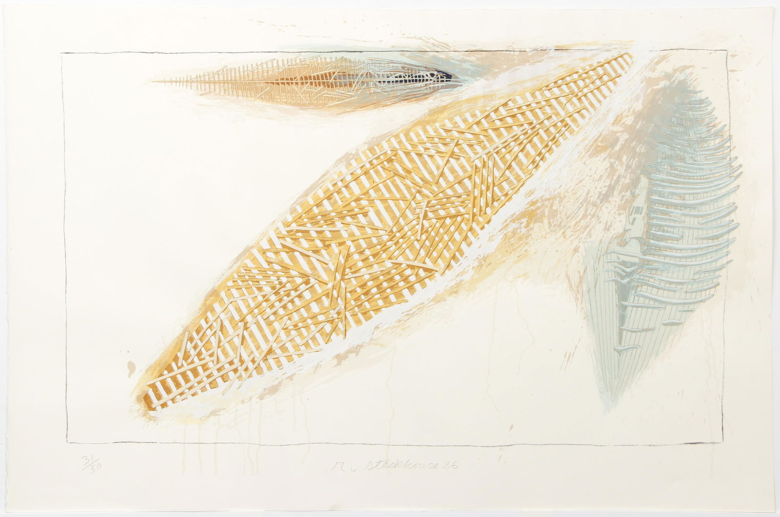 Robert Stackhouse Original Color Lithograph Signed 1986: Stackhouse, Robert (American, b.1942), Untitled with Boats, 1986, color litho on paper, signed, dated and numbered 31/50 in pencil at bottom, full sheet 31.25 x 47.25 inches, unframed. Another entry i