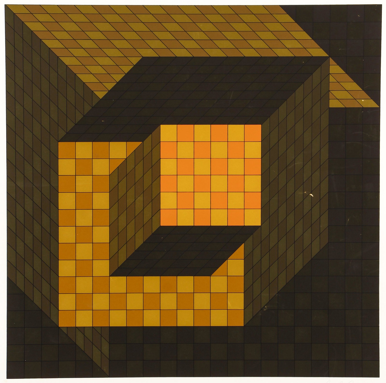 Victor Vasarely Optical Cube Signed Screenprint: Vasarely, Victor (Hungarian/French, 1908-1997), Optical Cube, undated, screenprint in colors, pencil signed and marked E.A. at bottom, blindstamp to lower left corner, image 18 inches square, full she