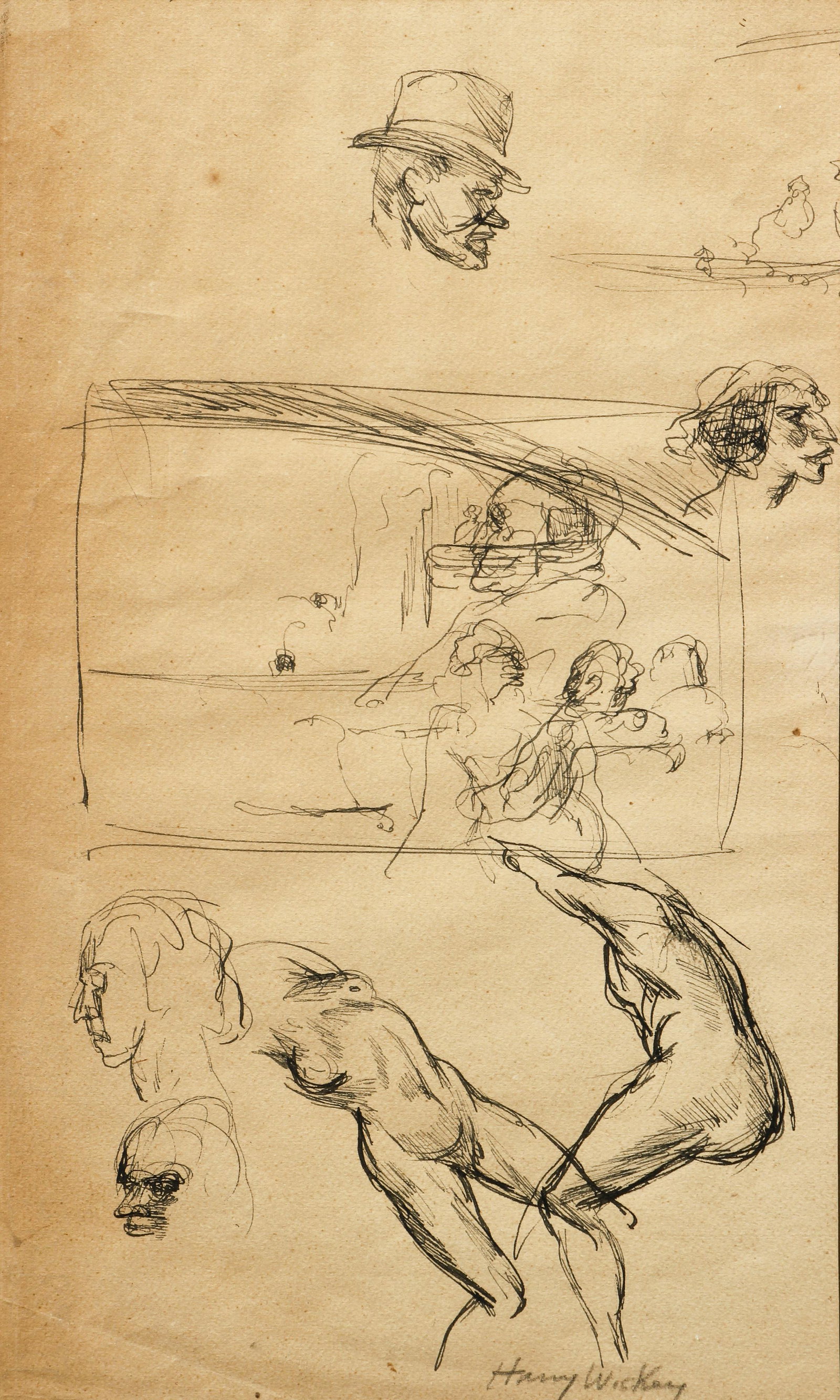 Harry Wickey ink drawing Figure Studies: Wickey, Harry Herman (American 1892 - 1968), Sculpture and Figure Studies, ink drawing, 12 x 7 inches, signed in pencil lower right, framed measuring 18 x 12 inches.