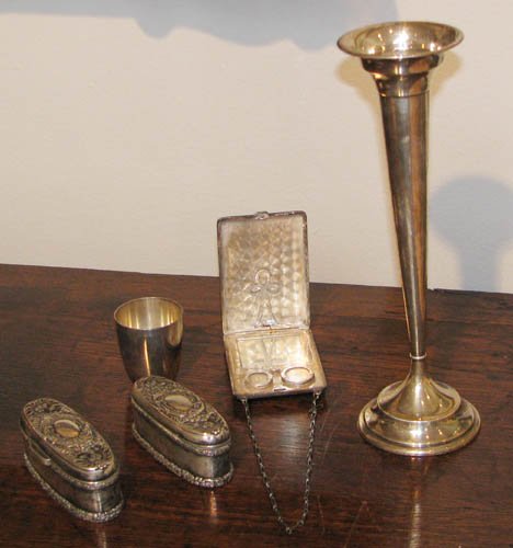 5 Assorted Sterling Objects: Title: 5 Assorted Sterling Objects including compact, 2 pill boxes, weighted Bud Vase, Kiddush cup Medium: sterling silver Dimensions: 9.7 ozt plus weighted vase