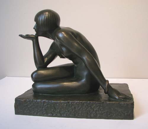 Maurice Guiraud Riviere Art Deco Bronze female fig: Artist: Guiraud-Riviere, Maurice (French 1881-1947) Title: Art Deco Female Figure, possibly a Muse Date: circa 1925 Medium: cast bronze with brown green patina Dimensions: 15 x 16 x 10 inches