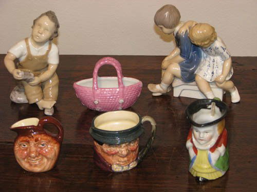 Set of 6 Ceramic Figurines including 2 Royal Doulto: Title: Set of 6 Ceramic Figurines including 2 Royal Doulton Face Jugs; 2 Danish Children's Figurines, Japanese Figure Mug, pink ceramic basket Medium: ceramic Dimensions: 5 x 4 x 2 inches (largest) Si