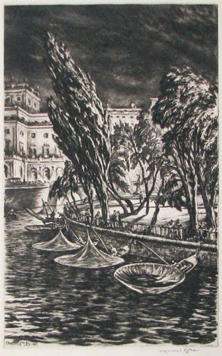 Muirhead Bone Windy Night Stockholm orig etching: Artist: Bone, Muirhead (British 1876-1953) Title: Windy Night Stockholm Date: circa 1920 Medium: drypoint Dimensions: 11 3/4 x 7 5/8 inches Edition Number: edition of 88 plus artist's proo