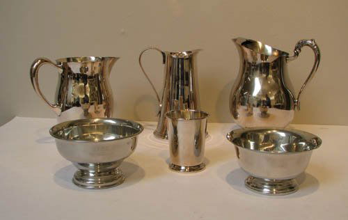 Assorted Silverplate and Pewter Vessels: Title: Assorted Silverplate and Pewter Vessels including: 3 silverplate pitchers, 2 pewter bowls, one silver over copper cup Medium: silverplate, pewter, silver & copper Dimensions: Pitchers:7.5 x 5.5