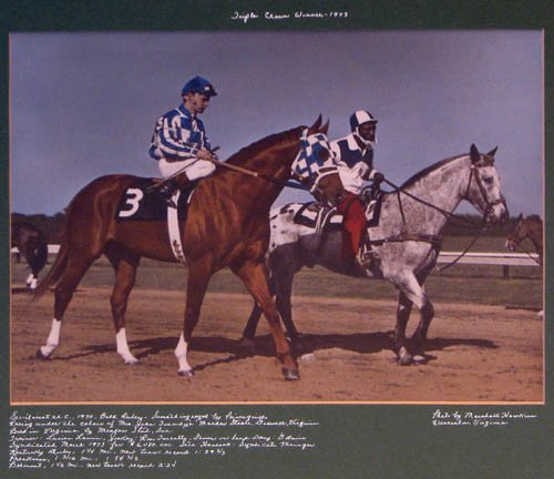 Secretariat Triple Crown Winner photo by Hawkins : Artist: Hawkins, Marshall ( American c. 1910-1988), a nationally known photographer of foxhunting, showing, eventing and racing. His career spanned over 50 years and took him all over the country to e