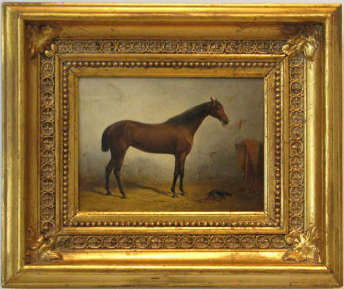 Carl Reichert ptg. Horse in Stable with Dog Compan: Artist: Reichert, Carl (Austrian 1836-1918) Title: The Stable Mates, Race Horse and Companion Dog Date: 18 Mai , 1876 Medium: oil on wood panel Dimensions: 6 x 7.6 inches Description: A gr