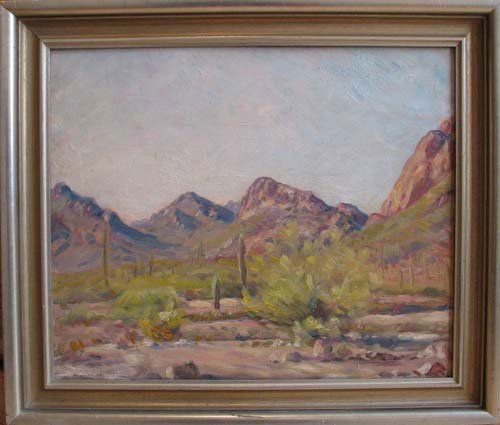 Paul Dougherty painting on panel Desert Landscape: Artist: Dougherty, Paul (American/ Californian 1877 - 1947) Title: Desert Landscape with Mountains in the Distance Date: n.d. Medium: oil on wood panel Dimensions: 14.75 x 18.25 inches Descript