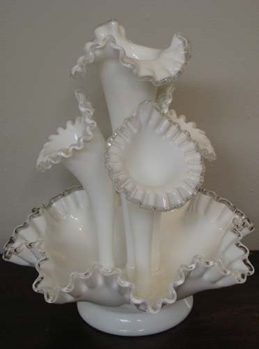 Interesting Fenton Ruffled Milk Glass Epergne: Artist: Fenton Title: Ruffled Milk Glass Epergne Medium: milk glass Dimensions: 13 x 12 x 12 inches Description: tallest epergne made by Fenton