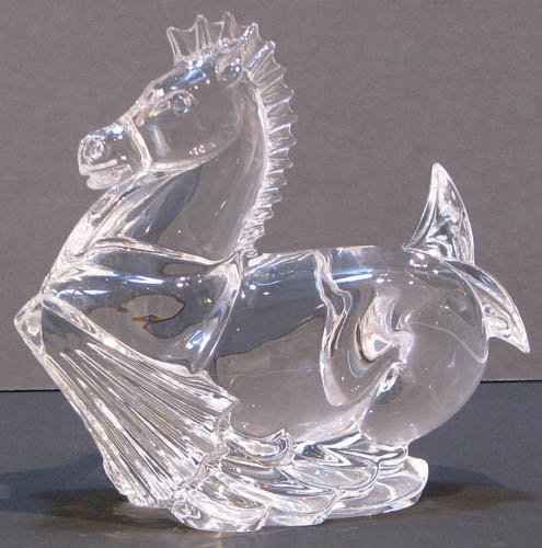 Steuben Glass Sea Horse by Donald Pollard: Artist: Pollard, Donald for Steuben Title: Sea Horse, Model #8340 Date: 1976 Medium: Steuben Glass Dimensions: 8 x 6 x 3.5 inches Signature: incised Steuben on underside Provenance