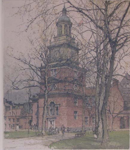 Luigi Kasimir signed Tana Kasimir etching : Artist: Kasimir, Luigi (Austrian, 1881-1962) Title: Philadelphia, Independence Hall Date: n.d. Medium: color etching Dimensions: 17 1/4 x 13 1/2 Signature: pencil signed bottom by Tana Ka