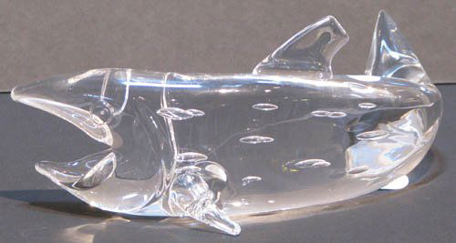Steuben Glass Fish by James Houston: Artist: Steuben Glass Title: Brook Trout, Designed and signed by Steuben designer James A Houston. 7.5"l x 3 1/4"h. Etched Steuben and JAH on tail fin. Medium: Steuben Glass Dimensions: 7.5"l x 3 1/4"