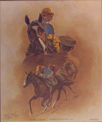Fred Stone orig litho Northern Dancer: Artist: Stone, Fred (American, Specialist in Horse Paintings) Title: Northern Dancer with Hartack and Shoemaker Up Date: 1984 Medium: color lithograph Dimensions: 21.75 x 16.75 inches (sight size)