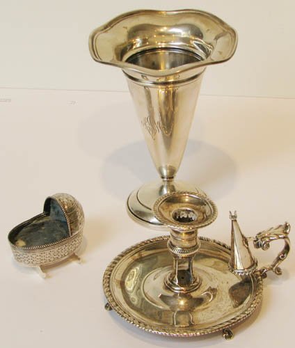 3 pcs Assorted Sterlingware: Title: 3 pcs Assorted Sterlingware: fluted vase monogrammed AJM, footed candle holder with snuffer, miniature cradle Medium: sterling Dimensions: 25.8 ozt