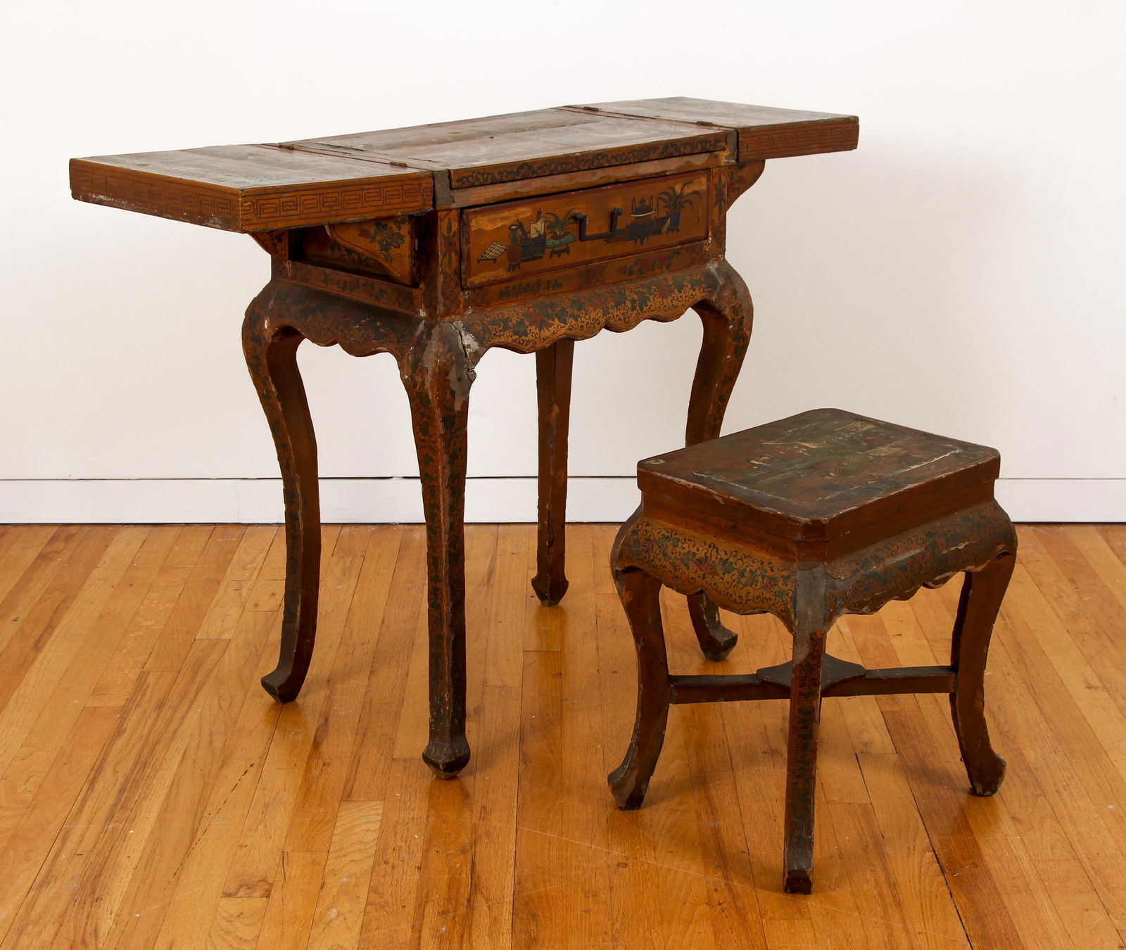 Antique Wooden Painted Chinese Vanity with Stool (1 of 10)