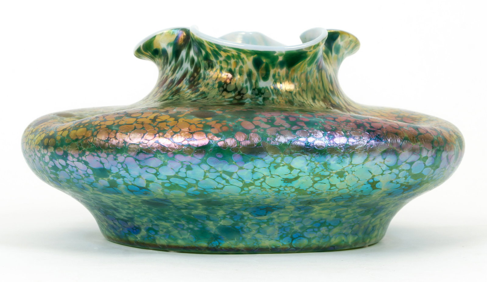 Loetz Style Iridescent Art Glass Vase: Loetz style Iridescent Art Glass Vase, unmarked, diameter approximately 12 inches at widest point, beautiful coloring. Provenance: The Estate of Charles M. Diez, MD.
