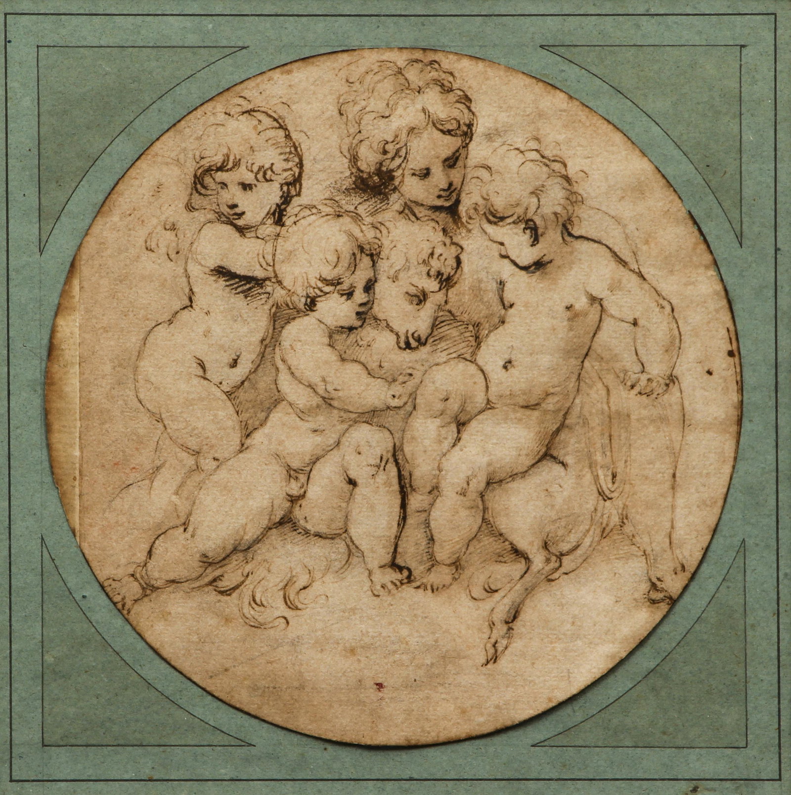 Attributed Francesco Bartolozzi Drawing Madonna Child: Bartolozzi, Attributed to Francesco (Italian/British, 1727-1815), Madonna and Child with Putti, c.1768, pen and ink with wash, 6.5 inches in diameter rondo, small ink mark on reverse with artist's nam