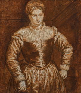 After Paris Bordone Chalk and wash drawing Medici: Bordone, After Paris, Half Length Portrait of Balia dei Medici, black chalk, brown washes, white highlights, c. late 18th century, original drawing with torn borders and mounted on a larger sheet with