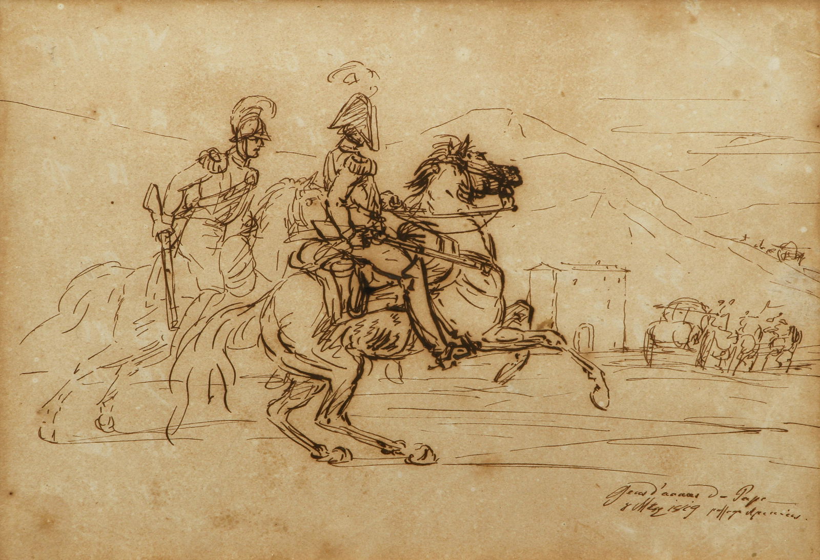 Nicolas Charlet drawing The Pope's Guard: Charlet, Nicolas Toussaint (French 1792 - 1845), The Pope's Guard, pen and ink drawing, 7.5 x 11.75 inches, inscribed with titled lower right, Provenance: Alphonse Cann (Kann) Collection, Paris; Courv