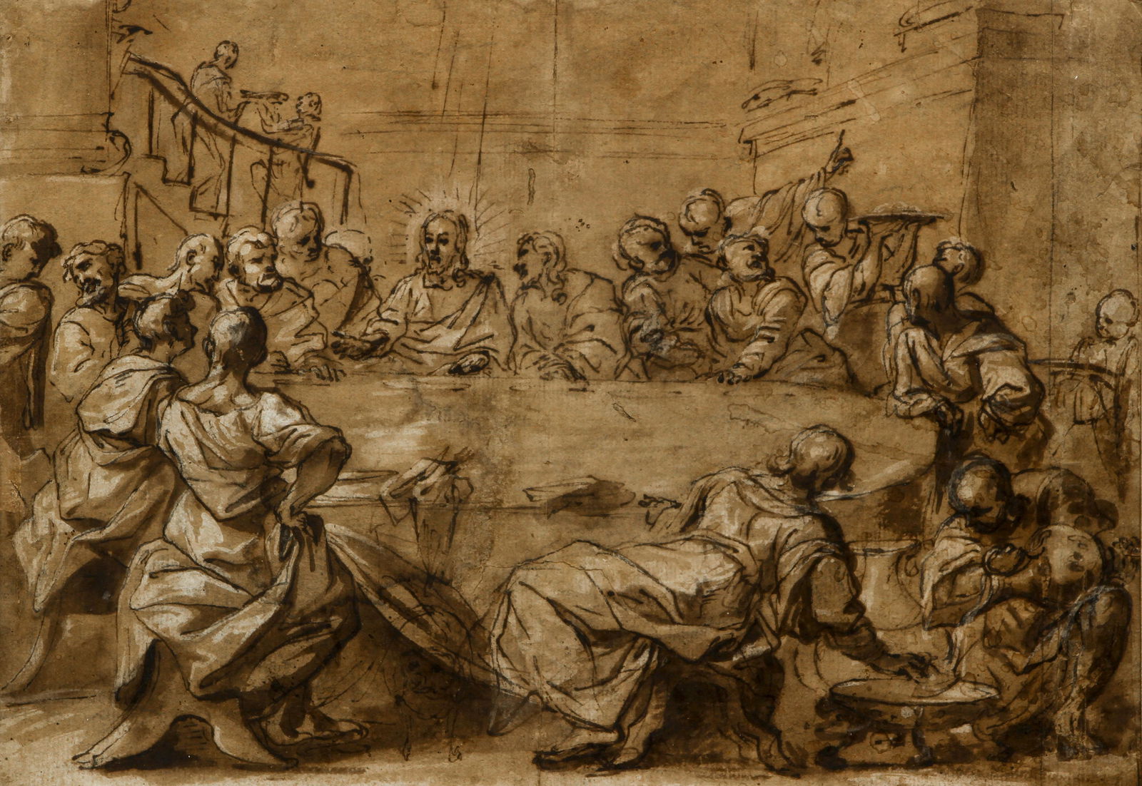 Attrib. to Jacopo Palma il Giovane drawing Feast at: Giovane, Attributed to Jacopo Palma il (Italian c. 1548 - 1628), Feats at Cana, pen and ink, white heightening, with brush and brown ink on paper since laid down, 11 x 15.75 inches, Provenance: Rifkin