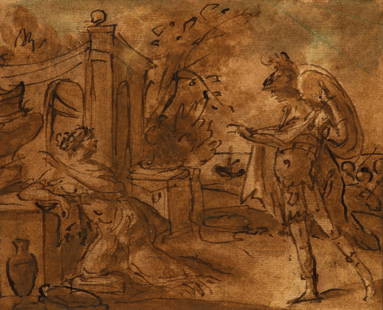 Carle Van Loo wash drawing Venus as Inspiration of: Van Loo, Carle (Charles) (French/Italian 1705 - 1765), Venus as Inspiration of Poetry (Sappho), ink and ink wash on tan laid paper, 5.5 x 6.75 inches, old ink inscription to bottom edge. Provenance: R