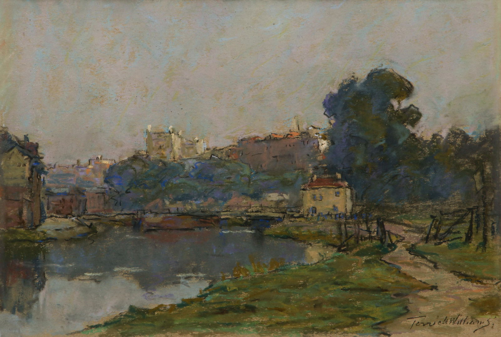 Terrick John Williams pastel Canal at Leyden: Williams, R.A. P.R.I. , Terrick John (English, 1860 - 1936), Canal at Leyden, 1934, pastel , 8 x 12 inches, signed lower right, Provenance: The Fine Art Society, London, framed measuring 17 x 20.75 in